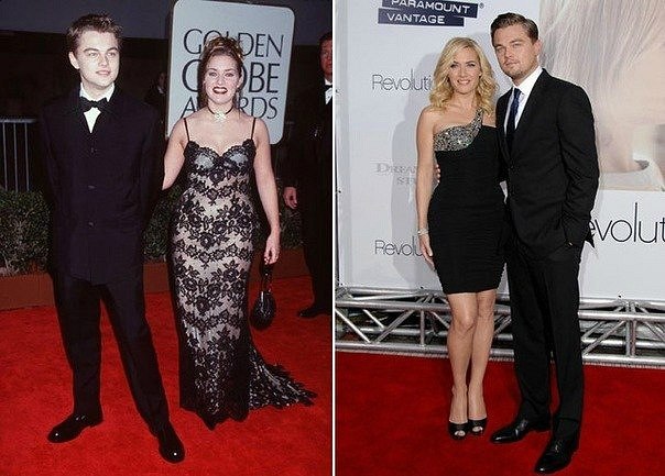 Лео и Кейт после съемок "Титаника" и 10 лет спустя.